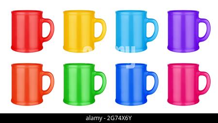 Ensemble de tasses en céramique colorées fond blanc isolé gros plan, couleur tasses à café avec poignée, verres à boire vierges, tasse à thé vide, boisson, céramique Banque D'Images