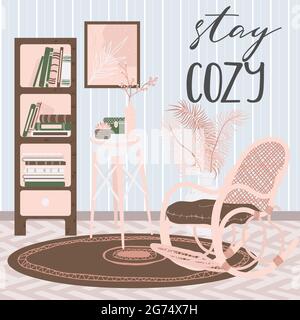 Intérieur du salon, style scandinave dessiné à la main. Fond avec texte manuscrit pour un séjour confortable. Intérieur de la maison avec étagère, chaise en osier et décoration de la maison Illustration de Vecteur
