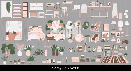 Grand bouquet de vecteurs avec confortable mobilier scandinave de salon et chambre dans un joli dessin animé de style plat. Les éléments de décoration et les plantes de la maison collectent Illustration de Vecteur