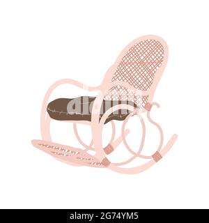 Clip art de la chaise à bascule confortable en osier avec oreiller dans le style scandinave. Clip art vectoriel de fauteuil en osier rétro dans le style de dessin animé. Mobilier confortable pour Illustration de Vecteur