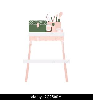 Meubles de chambre - coiffeuse avec cosmétiques dans le style de dessin animé plat. Jolie coiffeuse de style scandinave. Illustration vectorielle isolée Illustration de Vecteur