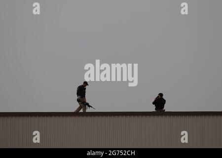 30 juin 2019-Osan, Corée du Sud-Garde de sécurité de la Maison Blanche vérifient leur frontière pour la visite du président Donald Trump à la base militaire d'Osan, en Corée du Sud. Banque D'Images