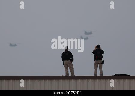 30 juin 2019-Osan, Corée du Sud-Garde de sécurité de la Maison Blanche vérifient leur frontière pour la visite du président Donald Trump à la base militaire d'Osan, en Corée du Sud. Banque D'Images