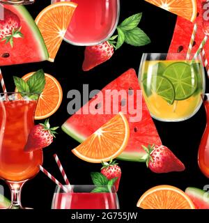 Arrière-plan d'été dynamique. Motif sans couture avec cocktails et fruits. Banque D'Images