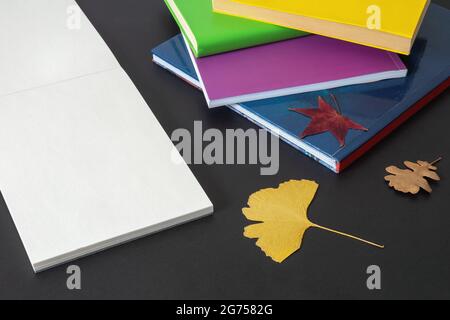 Concept scolaire. Livres colorés et croquis ouverts sur fond sombre. Feuilles d'automne. Espace libre pour le texte ou l'image Banque D'Images