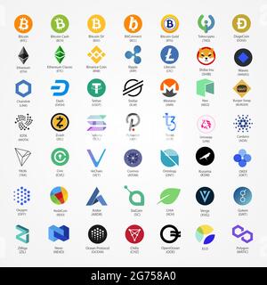 Icônes de pièces vectorielles crypto-monnaies isolées sur fond blanc. Illustration de Vecteur