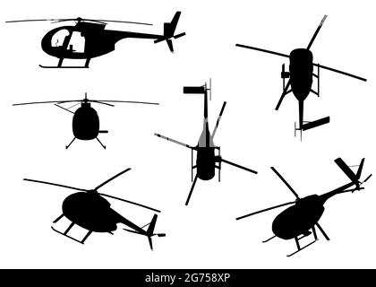 Ensemble avec silhouettes d'un hélicoptère dans différentes positions isolées sur un fond blanc. Illustration vectorielle. Illustration de Vecteur