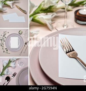 Collage de quatre images, table d'anniversaire ou de mariage. Concept de menu. Maquette d'invitation. Banque D'Images