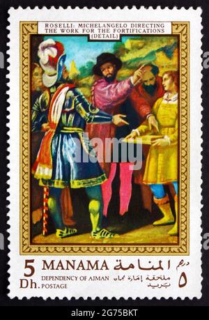 MANAMA - VERS 1970: Un timbre imprimé dans le Manama montre Michel-Ange dirigeant l'œuvre pour la fortification, la vie de Michelagelo Buonarroti, de Banque D'Images