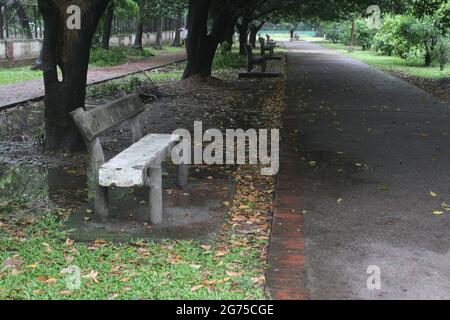 Une belle photo d'un banc en bois dans le parc Banque D'Images