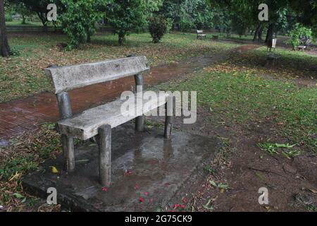 Une belle photo d'un banc en bois dans le parc Banque D'Images