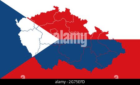 Drapeau national de la République tchèque avec régions administratives carte frontière à l'intérieur, illustration vectorielle multicolore détaillée. Illustration de Vecteur