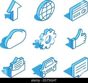 Ensemble de l'icône Web isométrique. Monde, flèche vers le haut, nuage, engrenage, pouce vers le haut, voiture et plus encore. Illustration de Vecteur