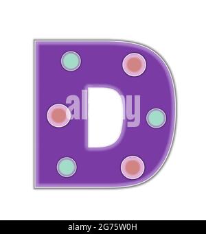 D, dans l'ensemble d'alphabet 'Violet et points', est entourée de violet en blanc. La lettre est décorée de points ronds à deux tons. Banque D'Images