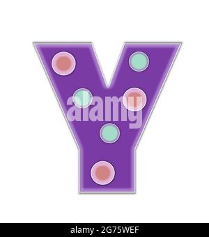 Y, dans l'ensemble d'alphabet 'Violet et points', est violet avec un contour blanc. La lettre est décorée de points ronds à deux tons. Banque D'Images