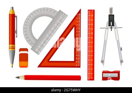Ensemble d'instruments et d'équipements de règle isolés sur fond blanc. Outils d'ingénierie. Règles, taille-crayon, crayon et boussole. Retour à l'école. Vecteur Illustration de Vecteur