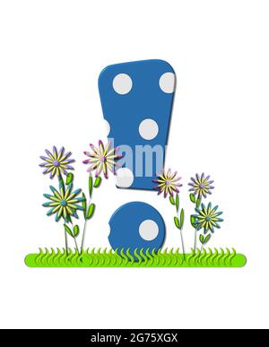 Le point d'exclamation, dans l'ensemble de l'alphabet 'Wildflower Meadow', est bleu avec des points de polka blancs. La base de la lettre est décorée d'herbe ondulée et de fleurs 3D. Banque D'Images