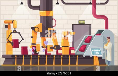 Composition automatisée de convoyeurs d'emballage robotisés avec vue intérieure de l'installation de production industrielle et illustration vectorielle de la ligne de manipulateurs Illustration de Vecteur