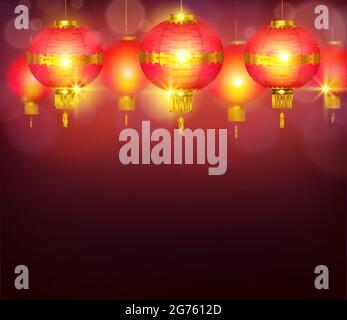 Lanternes chinoises qui brûlent avec une lumière vive et un arrière-plan rouge lumineux illustration vectorielle réaliste Illustration de Vecteur