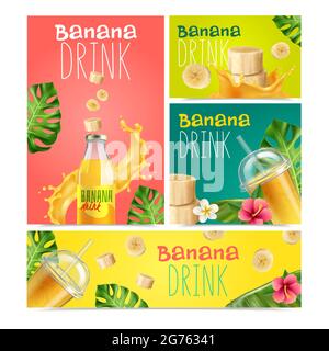 Banane boisson bannières réalistes ensemble de tranches de fruits bouteille et verres avec illustration de vecteur de boisson douce Illustration de Vecteur