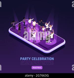 Célébration de fête sur fond isométrique avec des personnages dansant sur l'écran du smartphone avec illustration vectorielle de texte Illustration de Vecteur