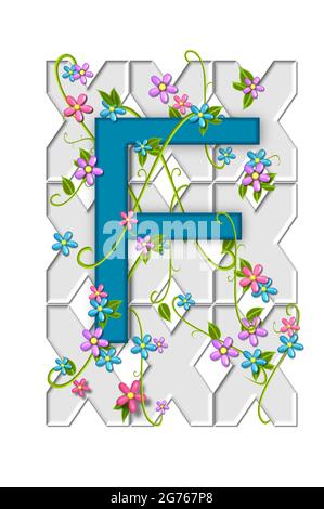 Alpha F dans l'ensemble d'alphabet 'Garden Trellis' est suspendu sur un jardin blanc Trellis et a des vignes et des fleurs qui poussent autour et à travers lui. Banque D'Images