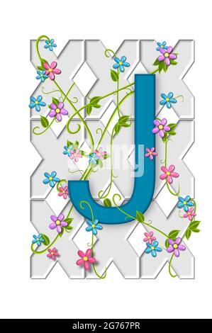 Alpha J dans l'ensemble d'alphabet 'Garden Trellis' est suspendu sur un jardin blanc Trellis et a des vignes et des fleurs qui poussent autour et à travers lui. Banque D'Images