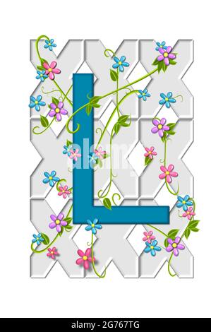 Alpha L dans l'ensemble d'alphabet 'Garden Trellis' est suspendu sur un jardin blanc Trellis et a des vignes et des fleurs qui poussent autour et à travers lui. Banque D'Images