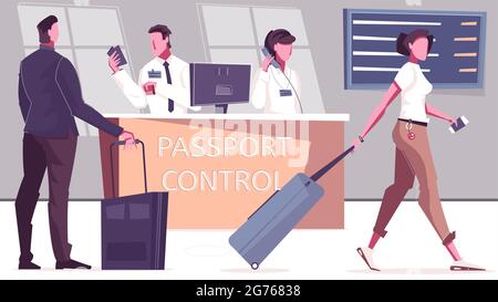 Composition intérieure de contrôle des passeports avec caractères plats de passagers et d'officiers à la réception avec illustration vectorielle de la table des départs Illustration de Vecteur