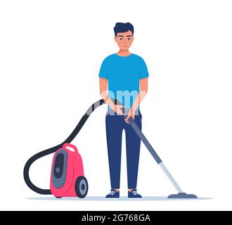 Homme aime la maison de nettoyage avec aspirateur. Un homme souriant nettoie la maison. Homme personnage passer l'aspirateur sur le sol. Service de nettoyage. Entretien ménager. Vecteur Illustration de Vecteur