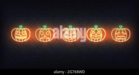 Halloween citrouille néon. Ensemble de lanternes lumineuses Jack O pour la fête d'Halloween Illustration de Vecteur