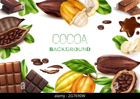 Fond blanc cacao avec cadre réaliste de fruits de l'arbre de chocolat et morceaux de friandises sucrées illustration vectorielle Illustration de Vecteur