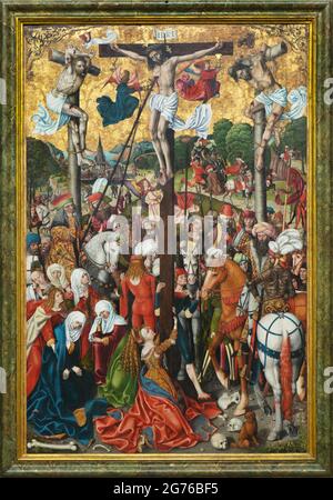 Crucifixion. Détail du retable passion de Göttingen par le peintre gothique tardif allemand Hans Raphon (1499) exposé à l'exposition permanente des anciens maîtres de la Galerie nationale (Galerie Národní) au Palais Sternberg (Šternberský palác) à Prague, en République tchèque. Banque D'Images