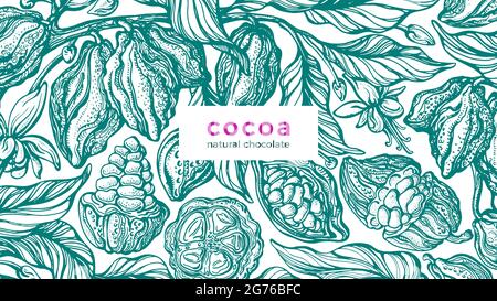 Fond cacao. Carte de nature vectorielle. Arbre dessiné à la main, haricot frais, feuillage vert, fleur d'été en fleur. Illustration art rétro, design organique. Trop Illustration de Vecteur