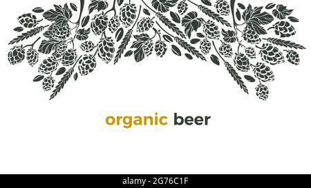 Ingrédient de bière vectorielle de la branche de houblon, grain de blé. Motif avec illustration graphique dessinée à la main, bordure. Arrière-plan de l'artisanat d'alcool, modèle d'art. ORGA Illustration de Vecteur