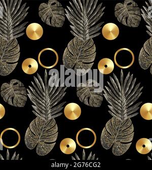 Luxueux or et noir tropical plante vector sans couture fond. Motif floral avec palmier tropical doré, feuille de monstère, plante exotique, plantes Jungle, Illustration de Vecteur