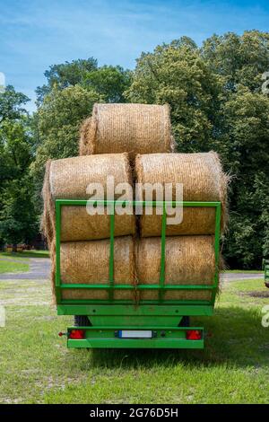 Remorque verte remplie de balles de foin dans un paysage rural par une journée ensoleillée. Banque D'Images