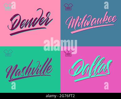 Lettres manuscrites vintage à la brosse des villes d'Amérique. Denver, Dallas, Nashville, Milwaukee. Illustration vectorielle. Illustration de Vecteur