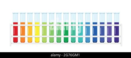 Solution aqueuse de graphique de pH standard dans des tubes à essai en verre dans un rack de laboratoire isolé sur fond blanc. Illustration de Vecteur