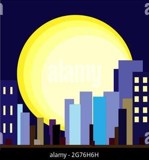 Une illustration du paysage urbain d'une énorme pleine lune sur les bâtiments de la ville de nuit Banque D'Images