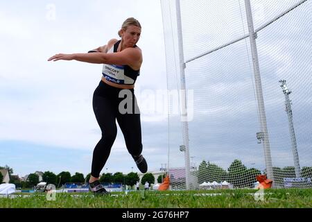 Sauteville les Rouen, Normandie, France. 11 juillet 2021. RACHEL DINCOFF (Etats-Unis) en action pendant le concours de lancement de discus de la rencontre de l'athle Pro Tour à Sotteville les Rouen au City Stadium - Sotteville les Rouen France crédit: Pierre Stevenin/ZUMA Wire/Alay Live News Banque D'Images