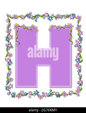 La lettre H, dans l'ensemble de l'alphabet 'Marguerite Fair Lilas' est une douce nuance pastel de lilas. Le guirlande de lierre et de fleurs couvre le contour de la lettre et le petit c Banque D'Images