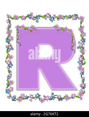 La lettre R, dans l'ensemble de l'alphabet 'Marguerite Fair Lilas' est une douce nuance pastel de lilas. Le guirlande de lierre et de fleurs couvre le contour de la lettre et le petit c Banque D'Images