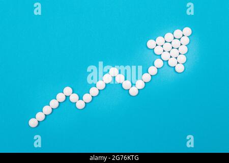 Industrie pharmaceutique mondiale et médicaments - flèche vers le haut à partir de pilules blanches sur fond bleu Banque D'Images
