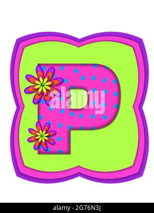 La lettre P, dans l'ensemble d'alphabet « Daisy Daze », est colorée en rose vif avec des points de polka sarcelle. Il est décoré avec quatre marguerites. Tous s'assoient Banque D'Images