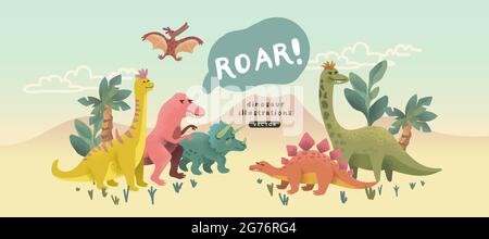 Une jolie collection de personnages de dinosaures préhistoriques gaies. Illustration vectorielle. Illustration de Vecteur