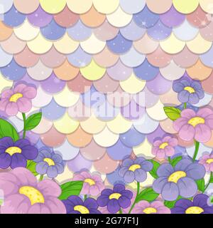 Motif pastel à l'échelle de la sirène avec illustration de nombreuses fleurs Illustration de Vecteur