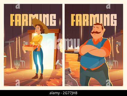 Affiches agricoles avec homme et femme dans une grange avec des poulets, de la paille et des outils de jardin. Tracts vectoriels avec illustration de dessins animés d'agriculteurs dans la campagne hangar en bois avec des poules, la récolte et les piles de foin Illustration de Vecteur