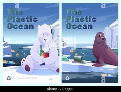 Affiches en plastique sur l'océan avec ours polaire et sceau sur le glacier et les ordures flottant en mer. Tracts vectoriels de pollution océanique avec illustration de dessins animés d'animaux sauvages de l'arctique, de déchets et de déchets Illustration de Vecteur