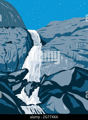 L'art de poster WPA des chutes de Wapama dans le mur nord de Hetch Hetchy Valley dans la Sierra Nevada dans le parc national de Yosemite, Californie Etats-Unis fait moi Illustration de Vecteur